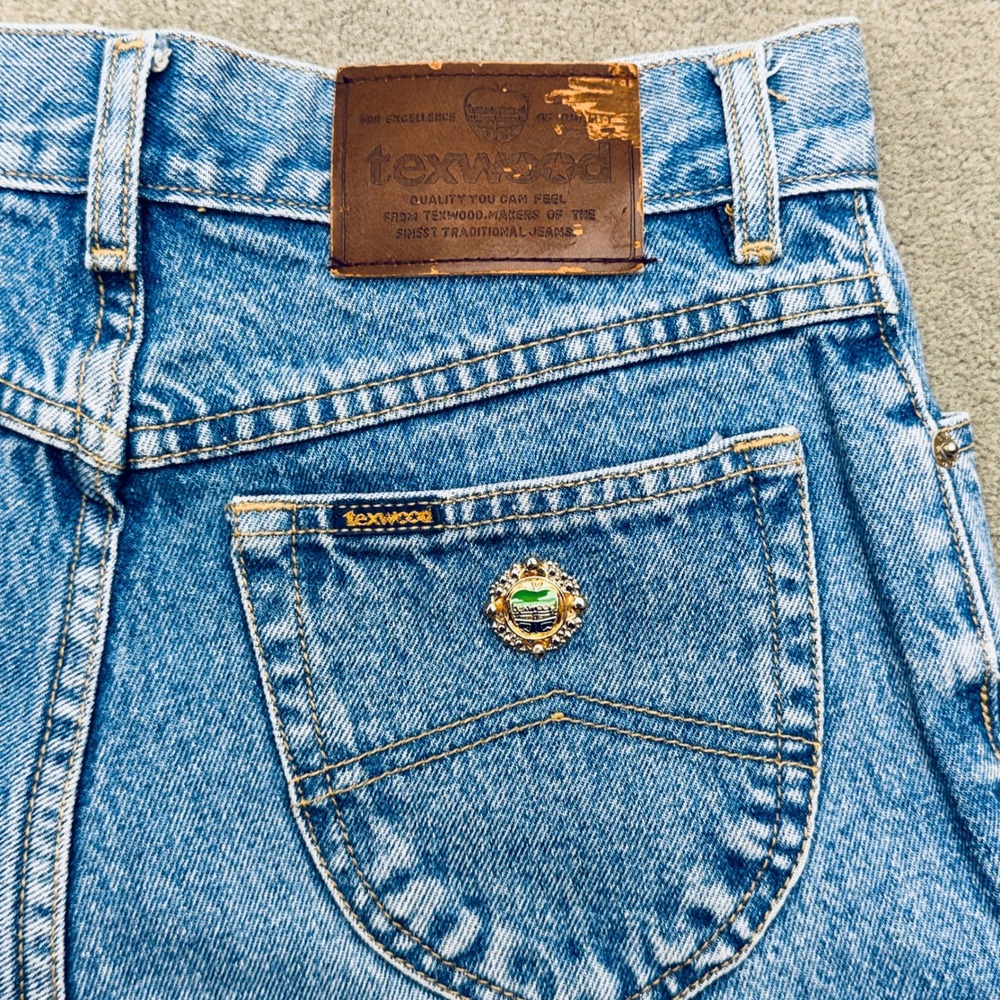 Vtg 80s Texwood High Rise Jeans Womens 29 Blue Faded Cotton Denim Apple Brooch